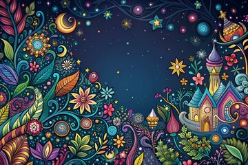 Magical Night Scene Doodle Art: Intricate Pattern Background, Copy Space