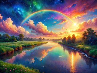 Obraz premium Magical Rainbow River: Fantasy Landscape, Low Light, Generative AI Art