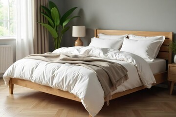 Soft linen sheets on a natural wood bed frame, bedding set, rustic