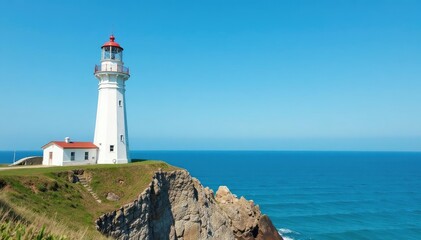 Solitary white lighthouse against vibrant blue sea , beach, vacation
