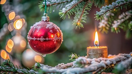 A red Christmas bauble covered in frost hangs from a snow-laden pine branch, illuminated by a flickering candle flame.