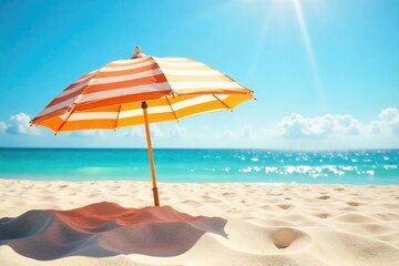 Striped beach umbrella shading sun-drenched sand , pattern, protection, heat