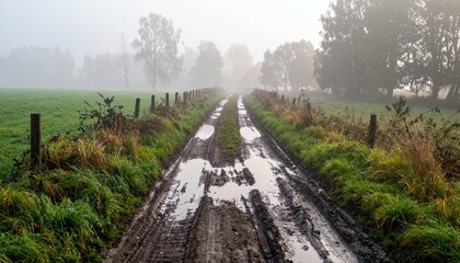 Obraz premium Misty Country Road with Puddles and Lush Greenery on Sides