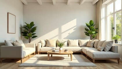 Sunlight streams into a bright, clean living room, showcasing freshly organized furniture and sparkling surfaces , cleanliness, organized home