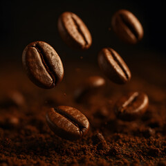 Fototapeta premium Several roasted coffee beans suspended over a bed of finely ground coffee