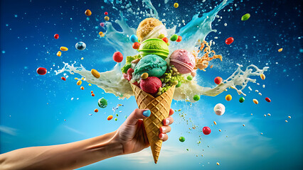 Delicious ice cream cone with vibrant flavors and colorful splash on a blue sky background