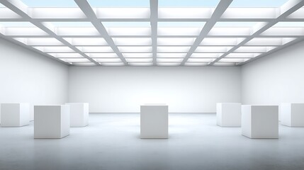 Minimalist cubic podiums stand inside modern gallery space illuminated by skylight