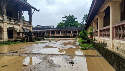 Fototapeta premium Abandoned Building with Waterlogged Courtyard in Overcast Weather