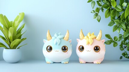 Obraz premium Cute pastel 6 and 9 characters with big eyes and kawaii expressions on soft background