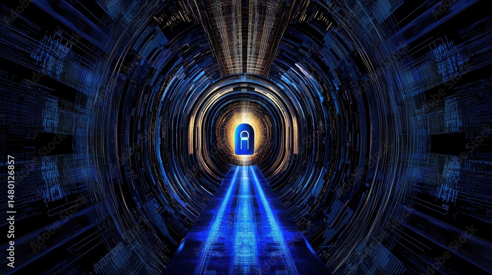 Poster cybersecurity abstract with blue code streams and lock symbol, tech security visual