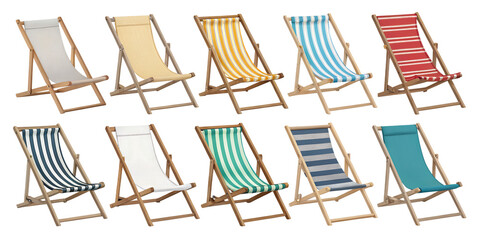 Various beach chairs isolated on transparent background