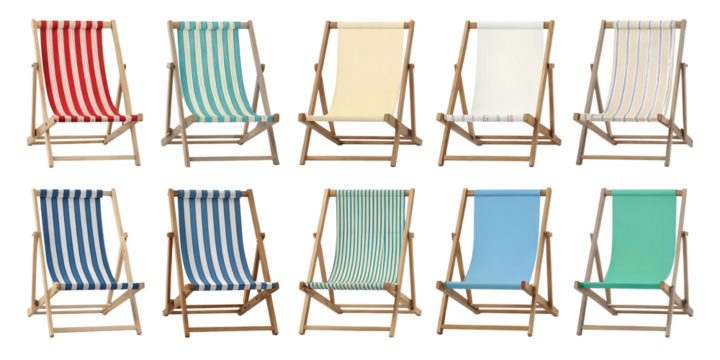 Various beach chairs isolated on transparent background