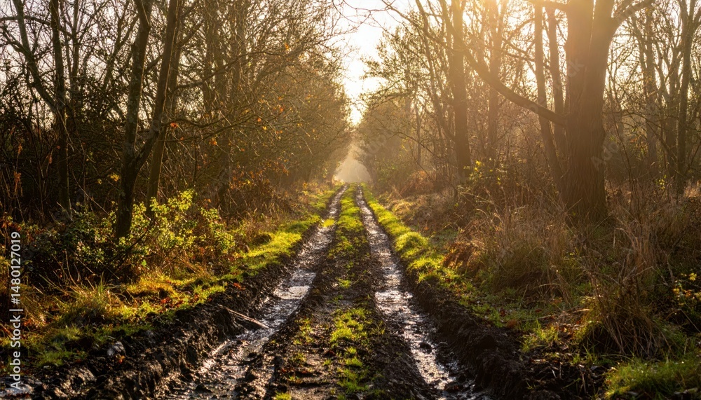 Poster sunlit muddy path through forest surrounded by trees and nature
