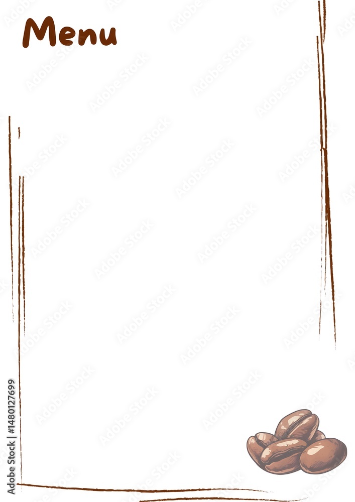 Poster menu template with coffee beans and border on white background for cafe design use