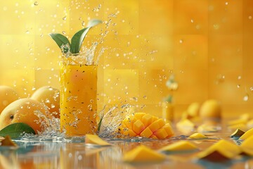 Commercial mock-up of a bottle or glass with refreshing mango smoothie and chopped mangoes, marketing design concept, Generative AI.