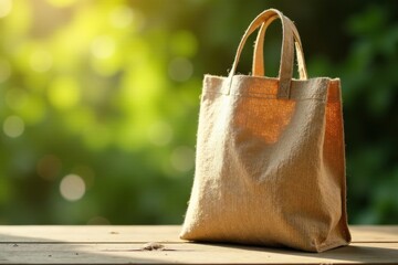 A Sustainable Tote Bag Rests on a Wooden Surface, Bathed in Warm Sunlight Against a Lush, Blurred Natural Background