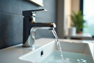 Close-up of a modern bathroom faucet with water running , sink, droplet