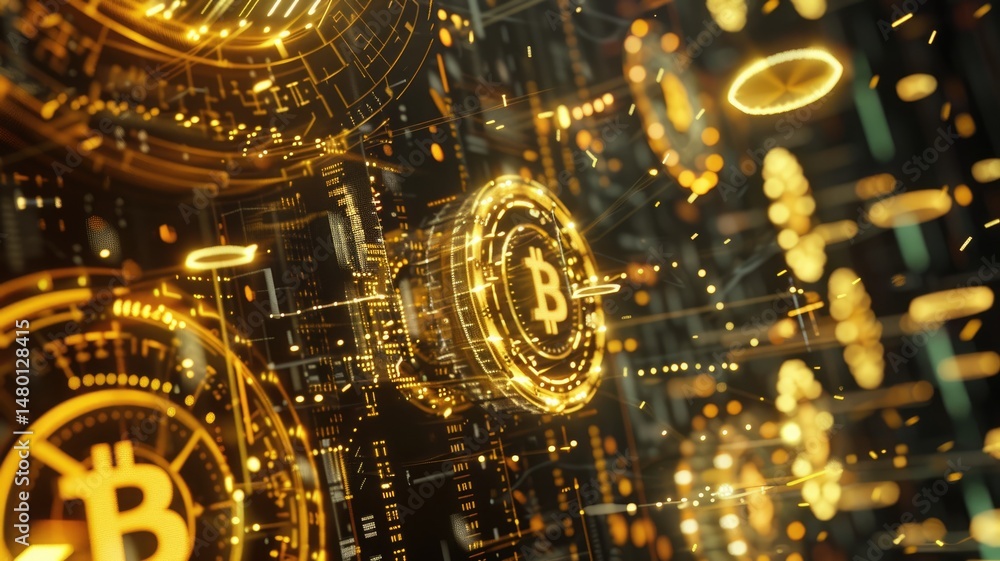 Poster digital image of glowing bitcoin coins floating in space with light trails. abstract artwork of gold