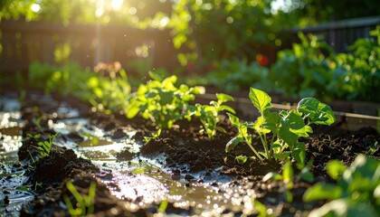 Fresh Green Plants Growing in Soil Under Bright Sunlight in Garden