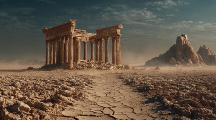 Obraz premium Cracked Earth Scene with Ancient Ruins Depicting Climate Change Impact