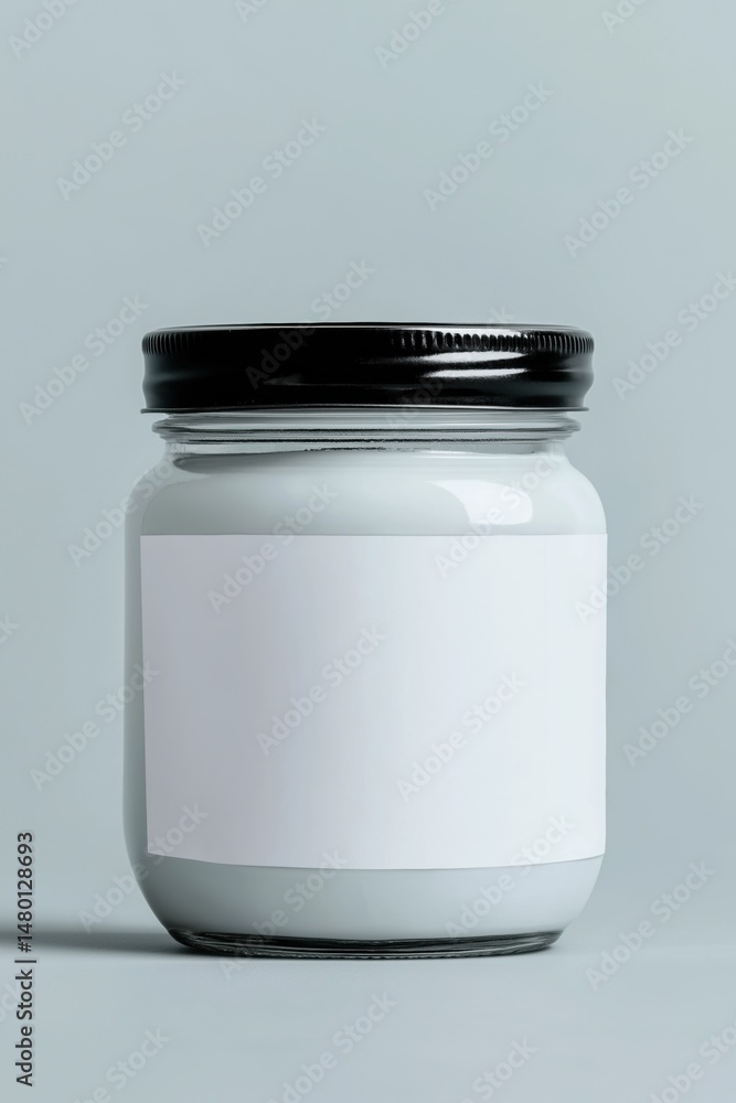 Poster a jar of white liquid is sitting on a grey surface. the jar is empty and has a label on it