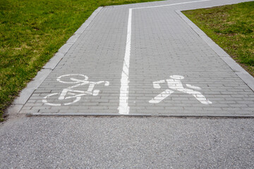 Road dividing markings: sign bike lane and pedestrian path. City park for walking.