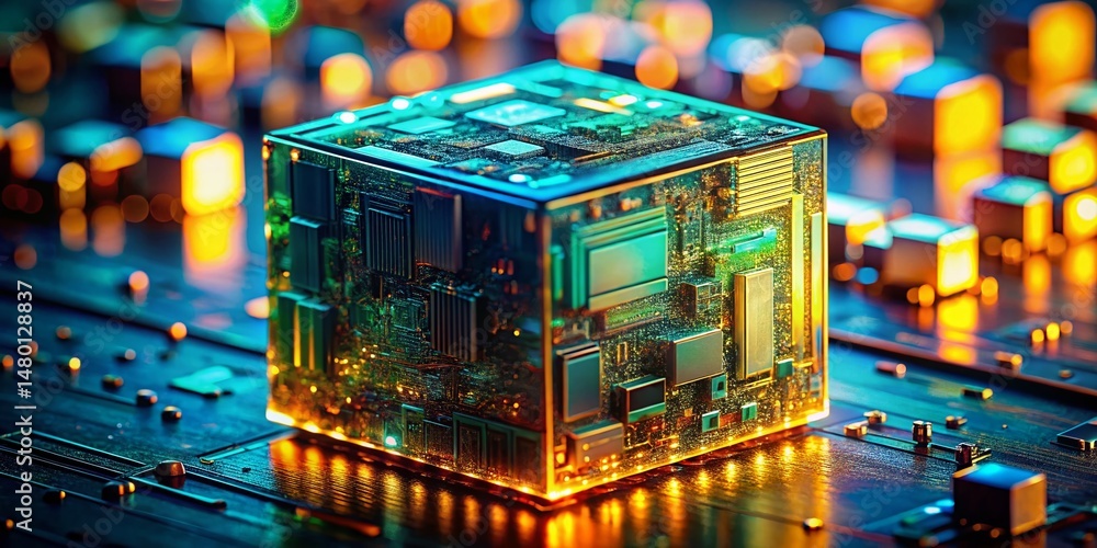 Poster miniature circuit board cube: 3d rendered tilt-shift technology structure stock photo