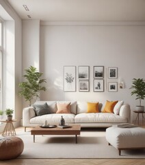 Bright, airy living room with minimalist furniture and modern decor, design, loft