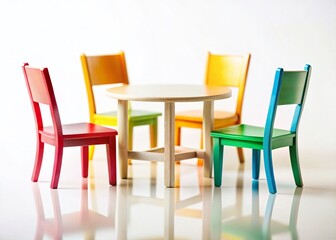 Fototapeta premium Miniature Four Chairs Around Table, White Background, Tilt-Shift Photography