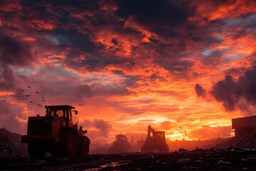 Heavy machinery in landfill at dusk, birds flying, colorful cloudy sky, industrial area with bulldozers, earth movers, waste