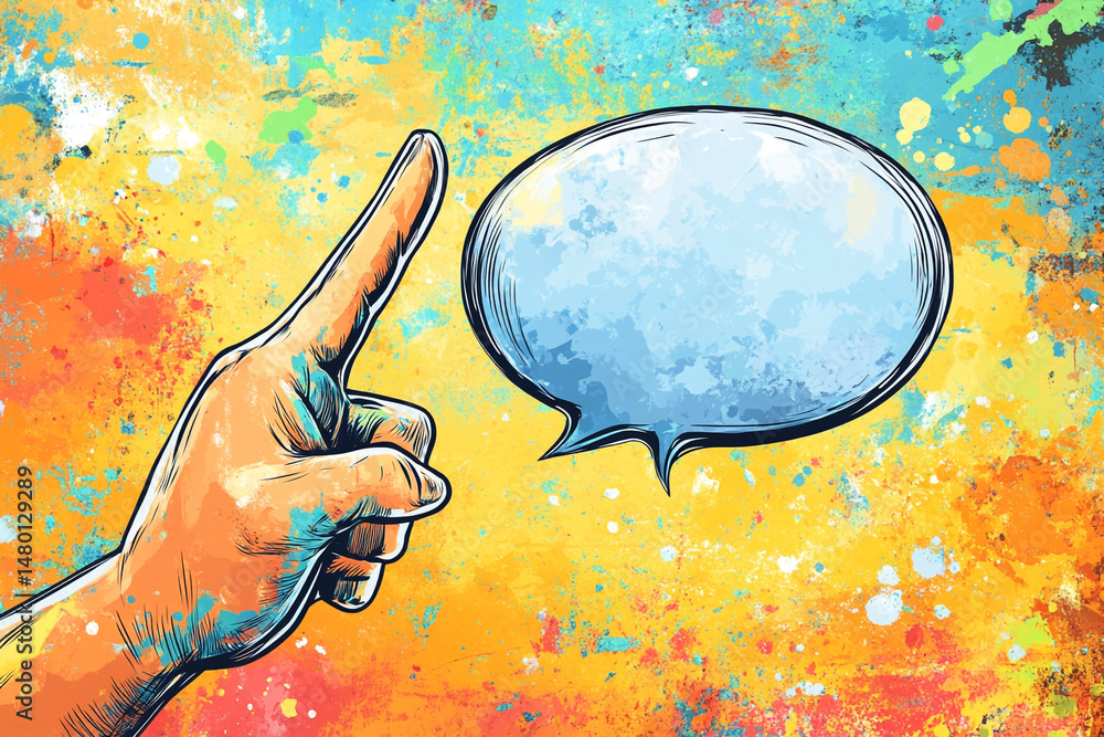 Poster hand pointing at a speech bubble on a colorful background