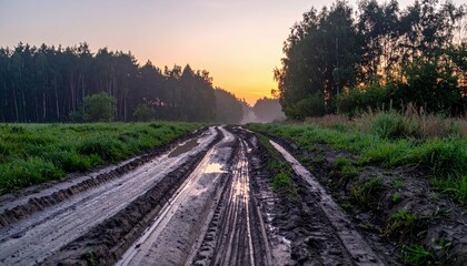 Fototapeta premium Serene Muddy Road Through Forest at Sunrise with Tranquil Atmosphere
