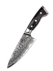 A sharp stainless steel kitchen knife, black ergonomic handle, isolated on a clean white background, overhead studio lighting, photorealistic, product photography 