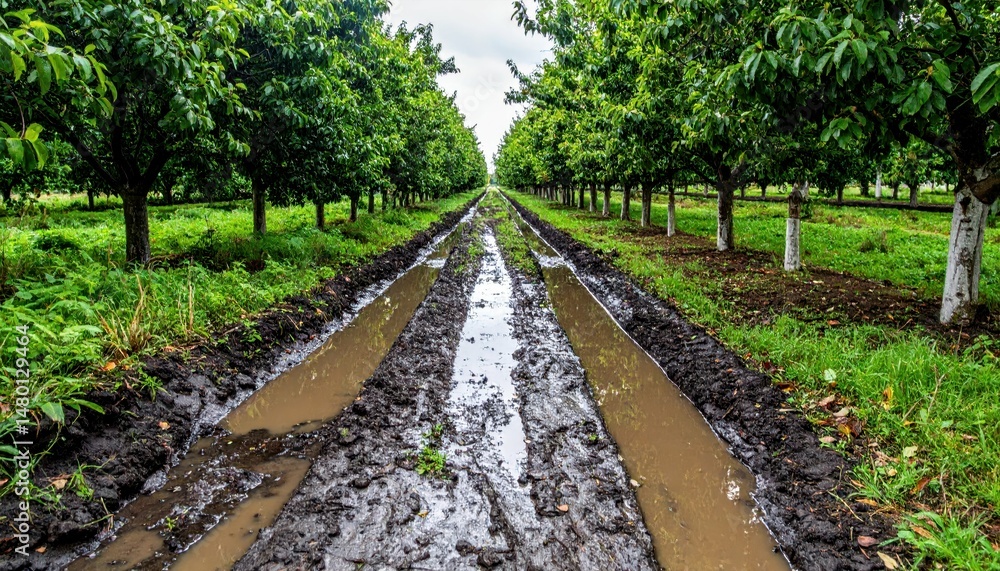 Poster muddy path through orchard rows in wet weather conditions