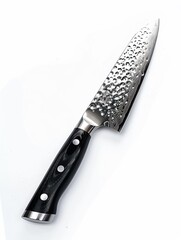A sharp stainless steel kitchen knife, black ergonomic handle, isolated on a clean white background, overhead studio lighting, photorealistic, product photography 