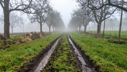 Muddy Pathway through Foggy Orchard with Bare Trees and Green Grass