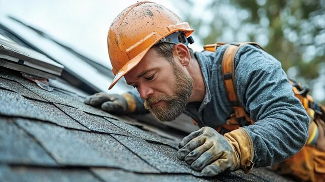 Focused Roofer Inspecting the Roof: A construction worker, clad in safety gear, intently examines a rooftop, illustrating dedication to craftsmanship and the importance of safety protocols.