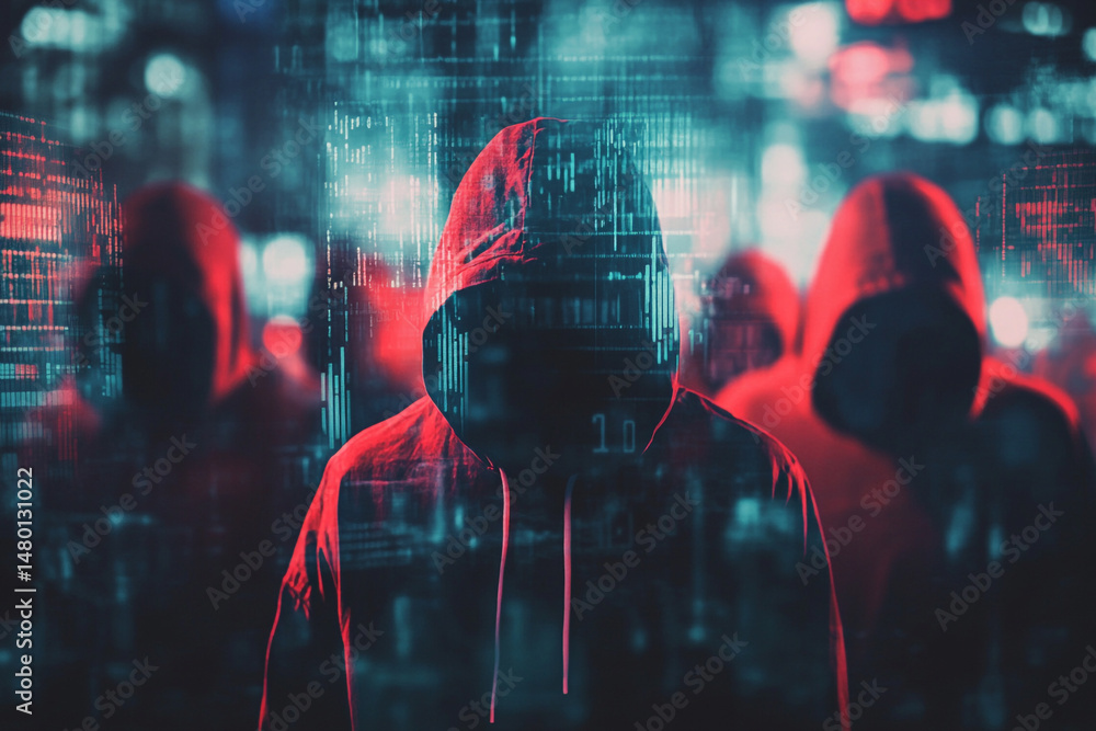 Poster anonymous hackers in hoodies digital code background cybercrime