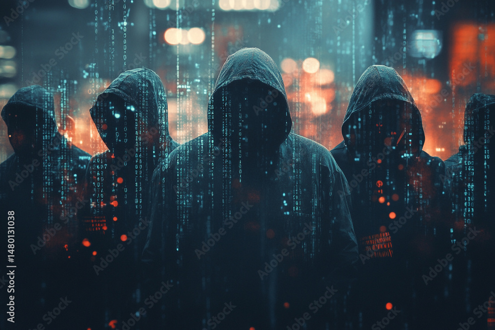 Poster anonymous figures in hoodies stand before a digital rain background of code