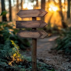 Wooden Directional Sign in a Forest at Sunset