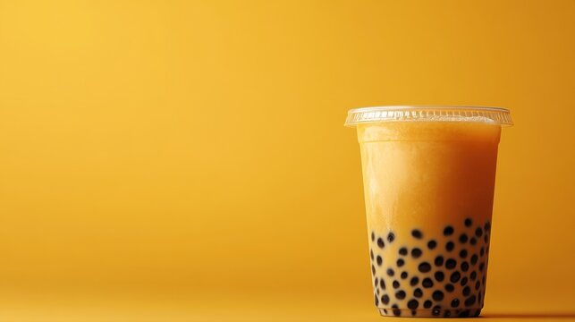 Refreshing Mango Bubble Tea with Tapioca Pearls in Clear Cup Against a Bright Yellow Background