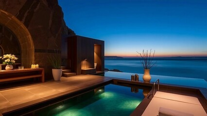 Elegantes Spa mit Infinity-Pool und Meerblick bei Sonnenuntergang – perfekte Entspannungsoase mit stilvollem Design für Reise- und Wellnessprojekte.