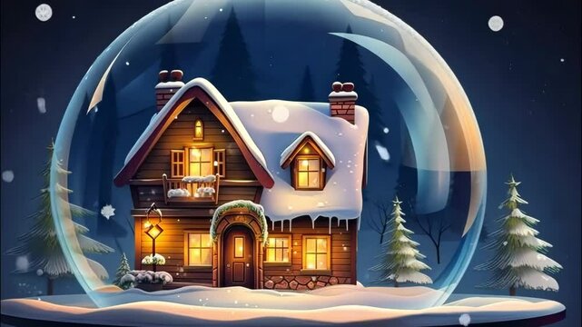 Magical glass ball with tiny modern cozy winter house inside on dark background. Snow globe, illustration. Insurance, moving, mortgage, rent and purchase real estate. 