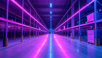 Fototapeta premium Modern Warehouse Interior with Neon Lighting and Futuristic Vibe