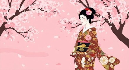 Obraz premium Graceful Japanese woman wearing a beautiful floral kimono, standing amidst falling sakura petals and cherry blossom trees. Peaceful and artistic vector representation of spring in Japan.