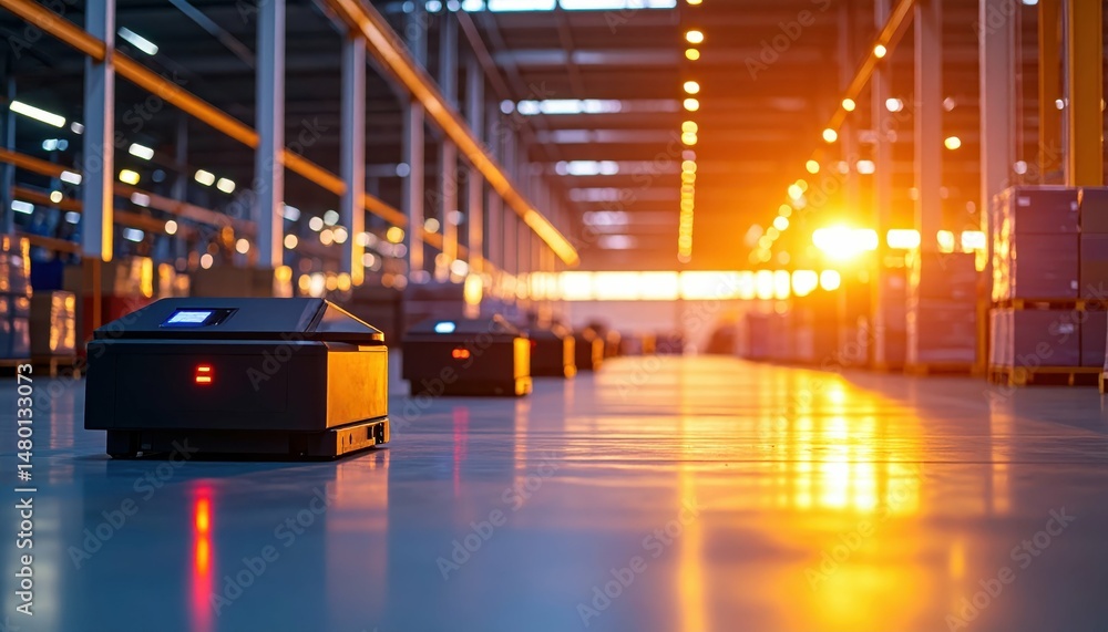 Aufkleber automated robots in warehouse with sunset illumination scene