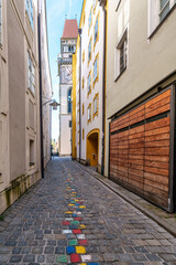 The very narrow, historic hell alley in the old town of Passau, Germany. Here the working craftsmen lived.