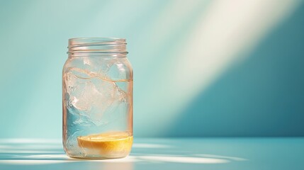 Refreshing Lemon Water in Jar with Ice Cubes against Calm Blue Background for Summer Vibes and Healthy Lifestyle