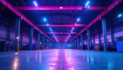 Fototapeta premium Colorful Industrial Warehouse Interior with Neon Lighting Effects