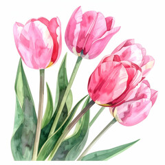 Fototapeta premium Radiant Tulip Bloom: A stunning watercolor illustration of vibrant pink tulips in full bloom. Capturing their delicate petals and graceful stems, this image evokes feelings of freshness, beauty.